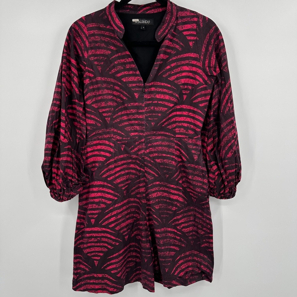 Kahindo Romper‎ Womens 8 Red Geo Print Balloon Sleeve Cut Out Back Front Zipper